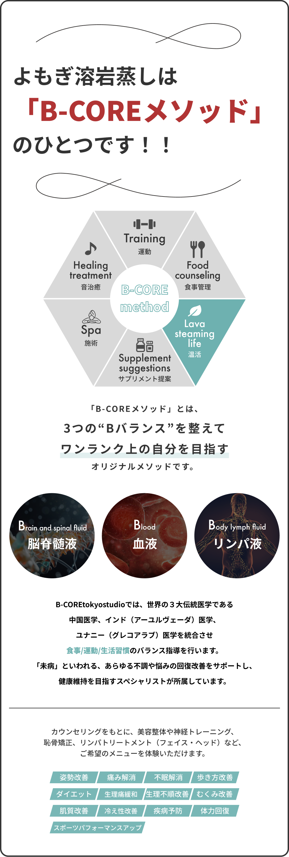 よもぎ溶岩蒸しはB-COREメソッドのひとつ!「B-COREメソッド」とは、3つの“Bバランス”を整えてワンランク上の自分を目指すオリジナルメソッドです!